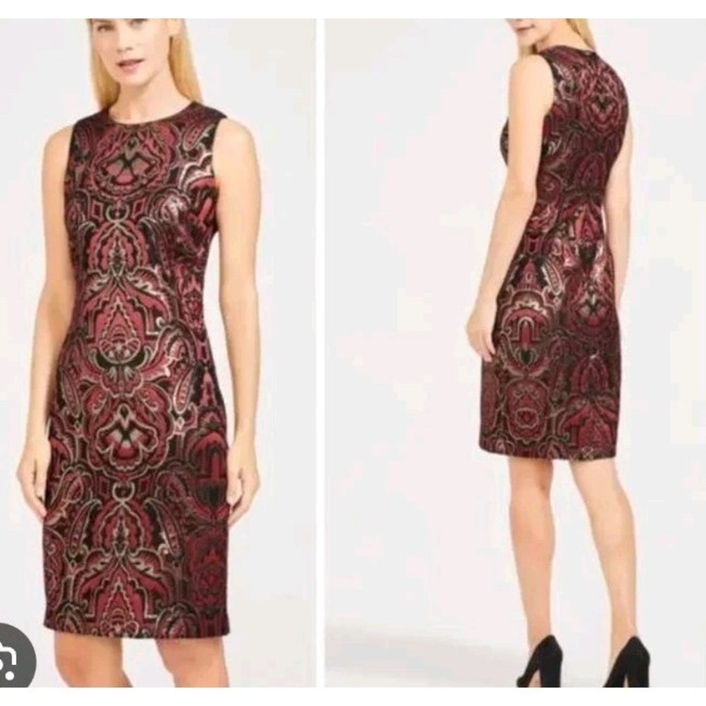 J.‎ McLaughlin Belinda Red Black Metallic Gold Polyester Dress Size 10 $248